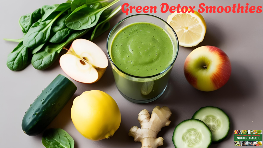 Green Detox Smoothie with spinach, apple, cucumber, lemon, ginger. Nogies Health
